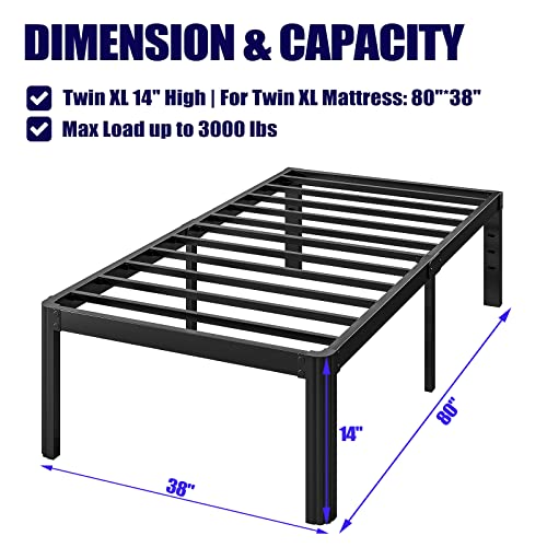 Hunlostten 14In Twin Xl Heavy Duty Bed Frame No Box Spring Needed, Tall Metal Twin Xl Platform Bed Frame With Round Corners, Easy Assembly, Noise Free, Black #TOP2