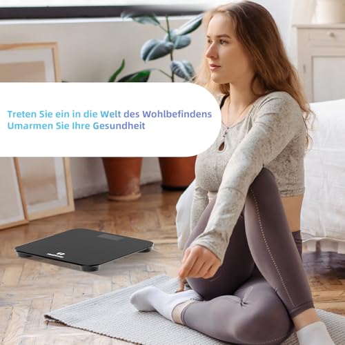Healthkeep Personenwaage - Digital Körperwaage mit Hochpräzisions-Sensoren Tragkraft bis 180 kg, Digitalwaage mit Klare LED-Anzeig, Waage Personen aus Kompakt Siche rheitsglas 26 * 26cm-Schwarz