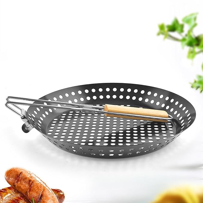 Kruvad Folding Round Frying Pan Grill Basket - Large BBQ Nonstick Grill Wok with Wood Handle, Small, Steel Commercial Outdoor Grilling Stainless Steel Barbeque Woks Accessories [ 53x30x8 CM ] - Image 9 thumbnail