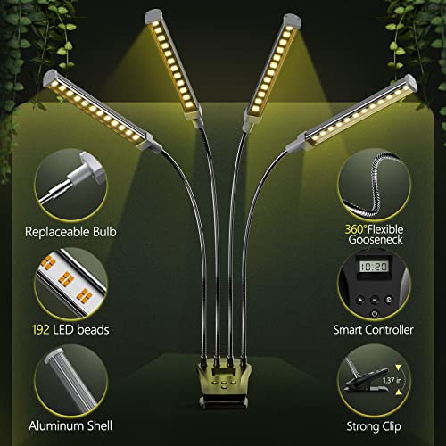 Plant Grow Light With Lcd, Ten Minutes Level Timer, 10 Adjustable Brightness, 4-Head Full Spectrum Grow Light For Indoor Plants, Led Clip-On House Plant Growing Lamp For Seedlings (Short Bulb) #TOP3