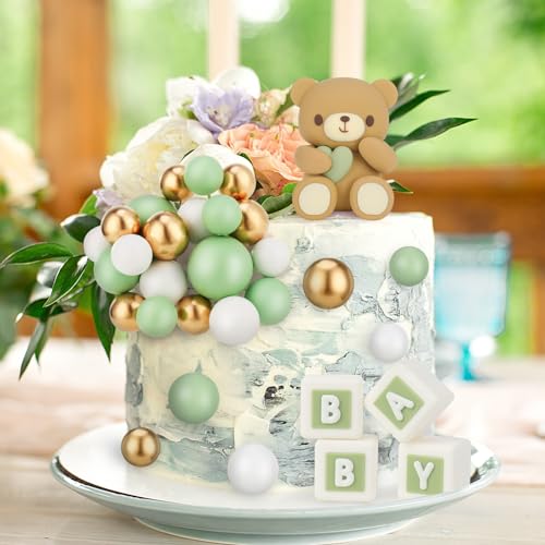 HEQU 29 Pcs Ball Cake Topper with Cute Bear, Baby Shower Cake Decorations with Baby Letter Green Gold White Foam Balloon for Baby Shower Girls Boys (Green) by HEQU - Image 4