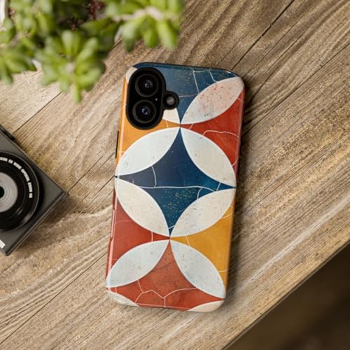 Coque brillante motif géométrique rétro bleu pour iPhone 16 Plus premium