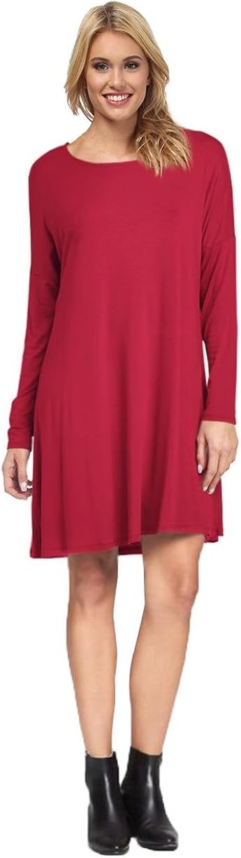 Women's Basic Tunic A-line Casual Short Dress, Long Sleeves, Round Neck, Made in USA