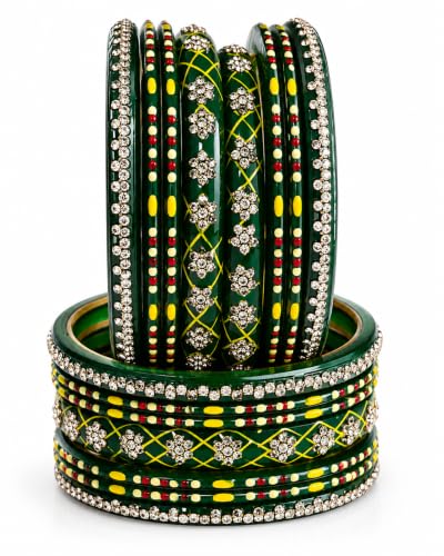 Image of Swara Creations Lah /Lac bangles red and yellow color Set, LAHTHI Churi zircon work for Women and Girls(14pcs)