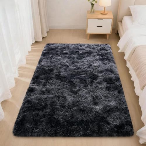2x3 Rugs for Bedroom, Fluffy Area Rugs for Living Room, Soft Shag Kids Rug Small Carpet with 4 Non-Slip Rug Pads (Black Grey Tie-Dyed, 2ft x 3ft)