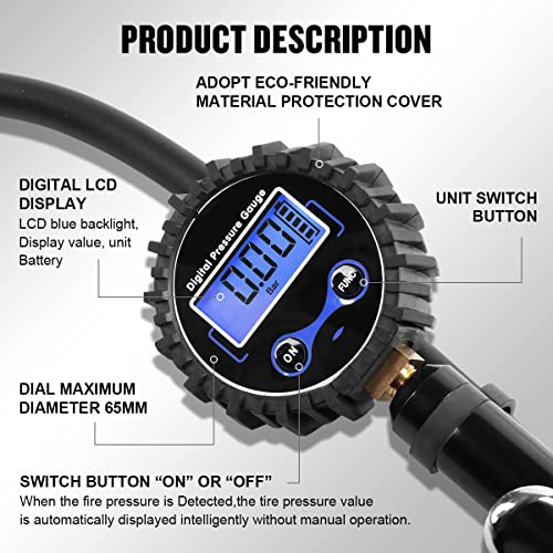 Image of DNA Motoring Digital Tire Inflator 2.5 inch Pressure Gauge, 200 PSI Air Chuck, Compressor Accessories Heavy Duty, w / 18in Rubber Tube & Quick Connect Coupler, TOOLS-00084