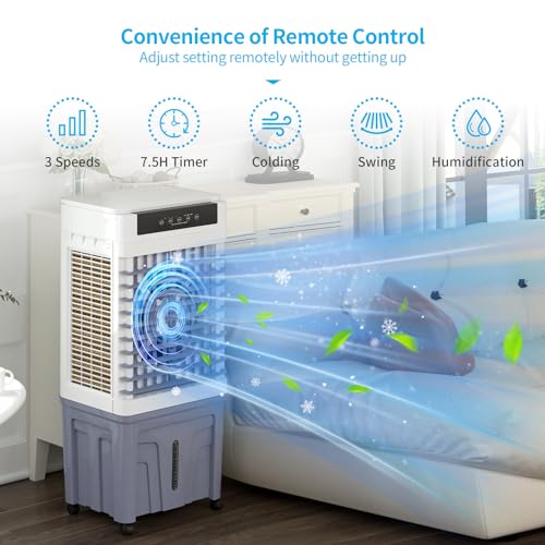 TABU 3531CFM Evaporative Air Cooler, 3-in-1 Portable Swamp Cooler with 11.9-Gal Water Tank, Cooling,Fan & Humidifier,120° Oscillation,3 Wind Speeds,7.5H-Timer,Remote Control,Ice Packs,Grey