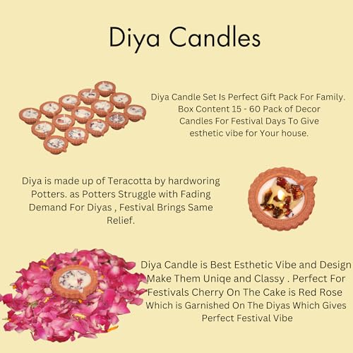 Image of Soy Wax Diya Candle to Decor Your Home, Handcrafted & Long Lasting Rose Candles, Ideal for Diwali, Weddings and Celebrations (Pack of 15)
