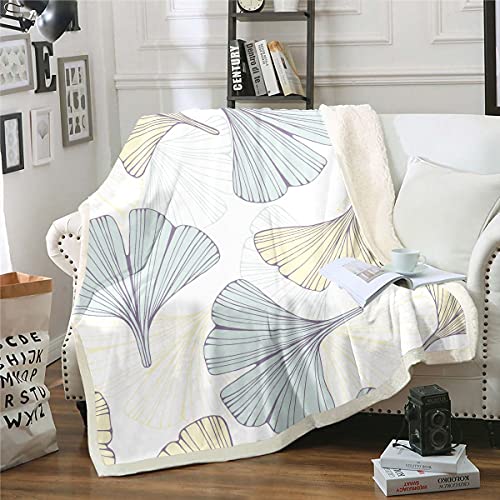 Ginkgo Leaves Fleece Throw Blanket for Bed Sofa Botanical Leaf Plush Blanket Nature Sherpa Blanket Beige Warm Fuzzy Blanket Double 60x79 Inch