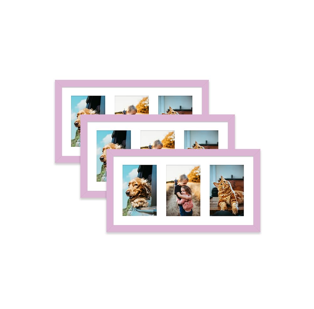 Lilac Multi Photo Frame - Holds 3 x 6x4 Pictures, Family Collage Picture Frame for Wall Display, 8x16 Panoramic Frame Size, Set of 3