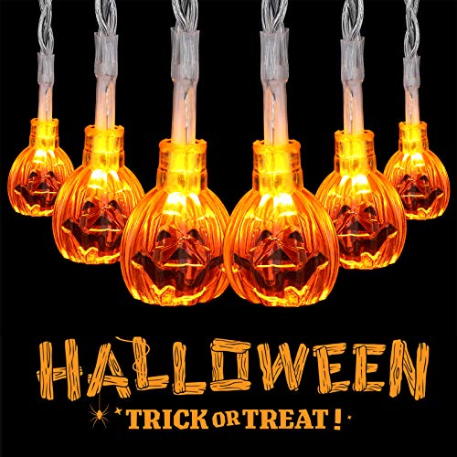Luces de Calabaza de Halloween, GlobaLink Guirnalda Luces Exterior Impermeable 3,5M 20 Calabazas Transparentes, Cadena Luces Uso Pilas, Decoración Interior y Exterior para Halloween Fiesta Jardín Casa