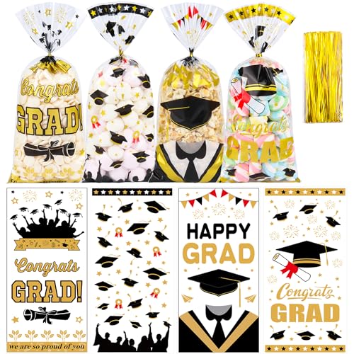 ZYLOP 50 Pcs Graduation Cellophane Treat Bags - 5 x 11 Congrats Grad Plastic Goodie Bags with 60 Gold Twist Ties for Cookies Snacks Party Favors & Gift Packaging Thick Plastic Candy Bag for Kids