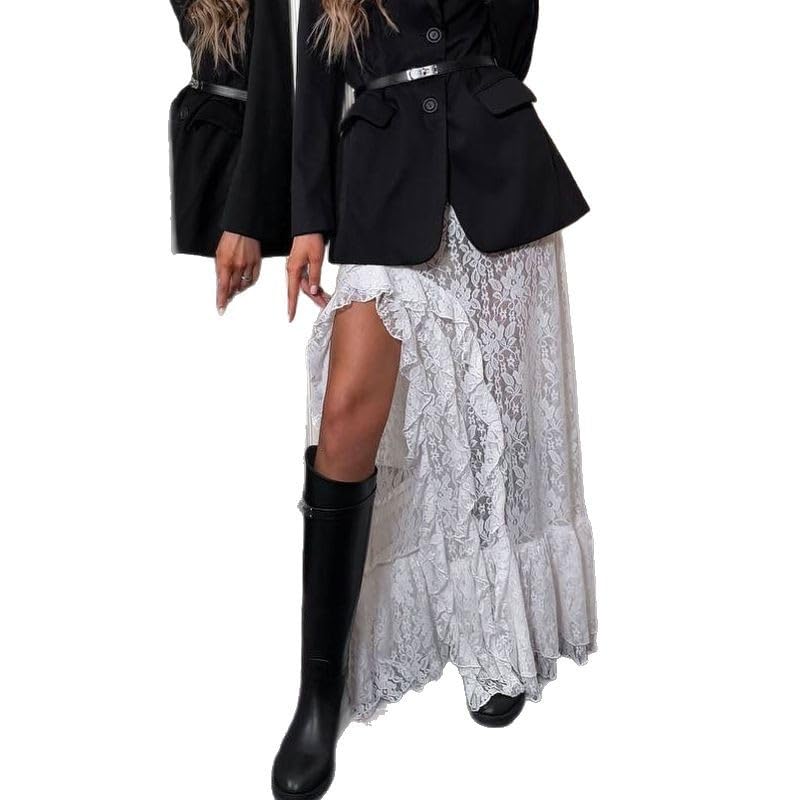 Women's Lace A-Line Long Skirt High Waist Sheer Mesh Split Thigh Ruffled Front Elastic Flowy Casual Maxi Skirt