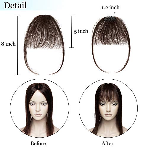 Hairro Clip In Bangs Real Hair Air Bangs Hair Piece 100% Human Hair Two Side Bangs With Temples Thin One Piece Hair Air Fringe Blonde Clip On Hair Bangs Hair Extensions For Women Girls #02 Dark Brown #TOP2