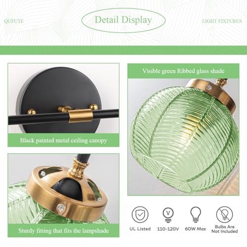Image of Bathroom Wall Light Emerald Green 2-Lights Leaf Texture Glass Shade | Modern Vanity Light Fixtures 15cm /5.9″ Thick Globe Glass Shade Mid Century Wall Lamp Sconce Over Mirror Living Room Cabinet