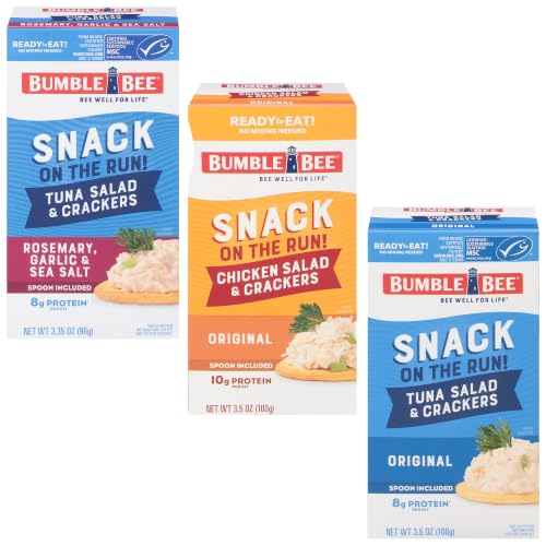 Bumble Bee Snack on the Run Variety Trio (3 Total Kits) - Original Tuna Salad, Rosemary Garlic &amp; Sea Salt Tuna Salad, and Classic Chicken Salad with Crackers - Ready to Eat Protein Snacks