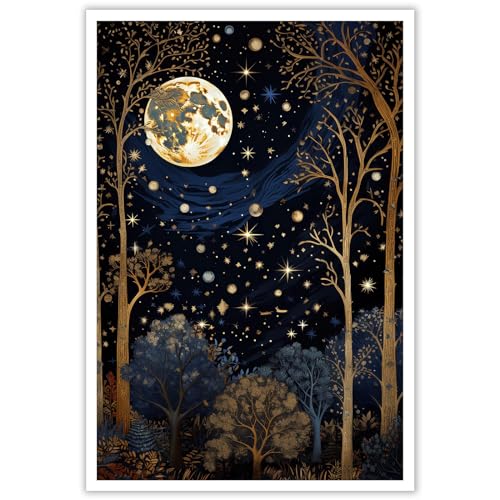 Image of Moon & Stars Wall Art Print – Vintage Celestial Artwork with Moon, Stars & Golden Floral Accents – Home Décor for Living Room, Bedroom, Kitchen – 16x24 in Unframed
