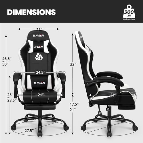 Image of N-GEN GAMING Gaming Chair, Footrest, Lumbar, High-Back, White Black | Reclining Backrest, Linkage Armrests, Durable PU Leather, Adjustable Comfort for Extended Computer, Desk, or Home Office Use