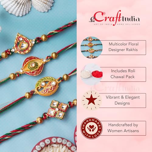Image of eCraftIndia Multicolor Set of 4 Radha Krishna Playing Flute, Peacock, Krishna Flute, Peacock Feather Designer Religious Rakhis with Roli Chawal Pack
