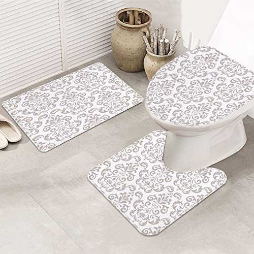 URSOPET Badezimmer Set, rutschfeste Badematte und WC-Vorleger-Set, gekachelt grau Gemustert barock abstrakt Silber… – Bild 4
