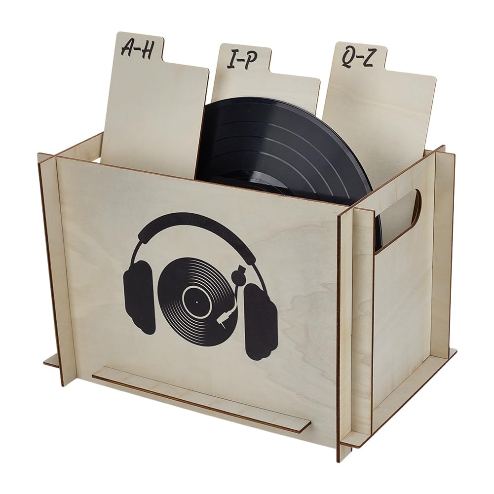FINGERINSPIRE - Caja de almacenamiento para discos de vinilo (25,5 x 23,5 x 35 cm, color verge d'oro pálido, para discos de madera, con asas perforadas para discos musicales
