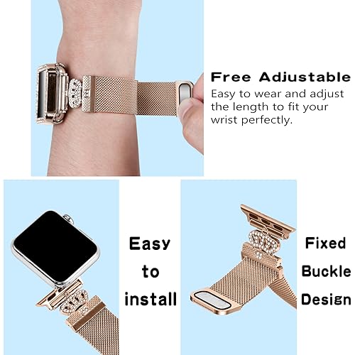 Magnetic Band Compatible with Apple Watch 38mm 40mm 41mm 42mm 44mm 45mm 46mm Stainless Steel Metal Strap with Bling Case and Built-in Screen Protector, Dressy Milanese Loop iWatch Bands for Women