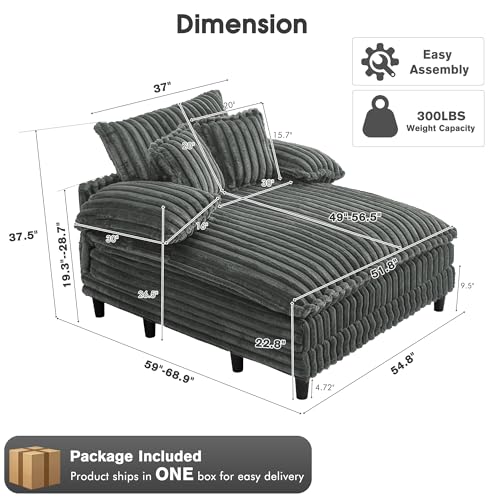 Image of WESTSETLUX 54.8 inch W Oversized Chaise Lounge Chair Indoor with 5-Position Adjustable Backrest, Plush Sleeper Sofa Bed with Pillows, Upholstered Cloud Couch Chair for Living Room, Study Room, Dark Grey