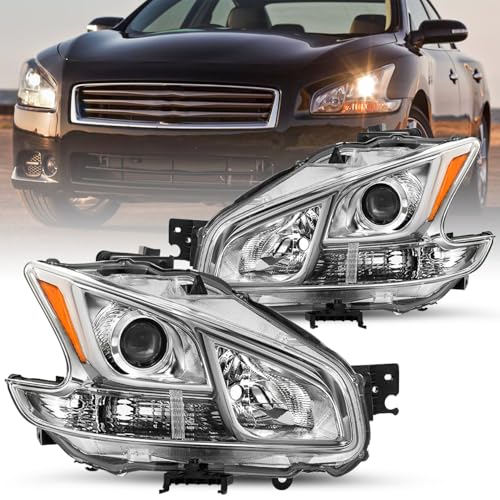 JSBOYAT Halogen Headlight Assembly Replacement for 2009-2014 Nissan Maxima 4-Door Sedan Headlamp Driver and Passenger Side (Chrome Housing with Amber Reflector) Not for HID