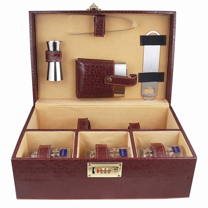 Image of Leather Bar Set | 8Pc | Bartender Kit | Whiskey Glasses | Cocktail Shaker | Portable Bar Accessories Set for Car & Travel | Gift for Men (Brown)