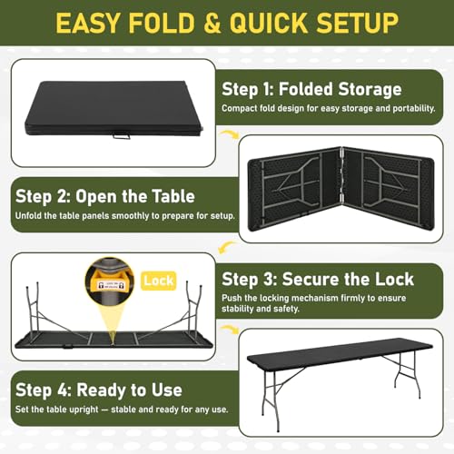 Image of BestOffice 8 FT Picnic Table Plastic Camping Table Portable Square Height Folding Table Perfect for Picnics, Parties, Party and Camping, Black