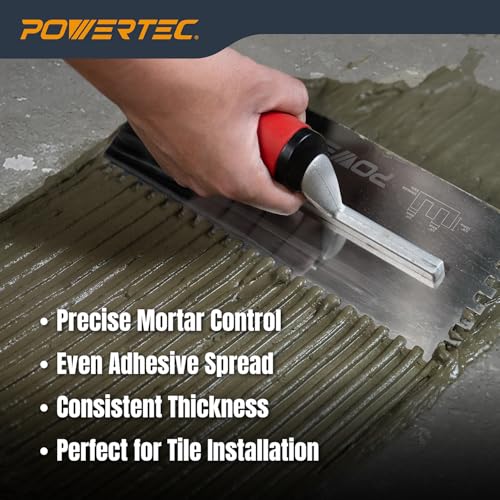 Image of POWERTEC Square Notch Trowel - 1 /4 inch x 3 /8 inch Stainless Steel Square-Notch Tile Trowel with Soft Grip Handle for Thinset Mortar, Mastic & Tile Installation Work (72781)