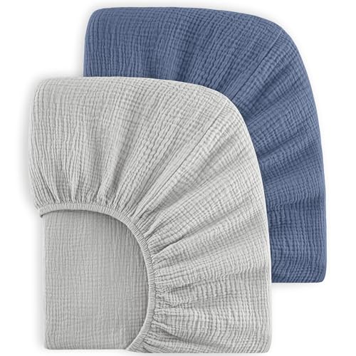Image of Bearmoss Muslin Crib Sheets 100% Cotton Baby Crib Sheets Fitted for Standard Crib Mattress & Toddler Bed Mattress 52"x28" Soft Breathable Crib Sheet Neutral for Boys Girls - 2 Pack (Blue Elephant)