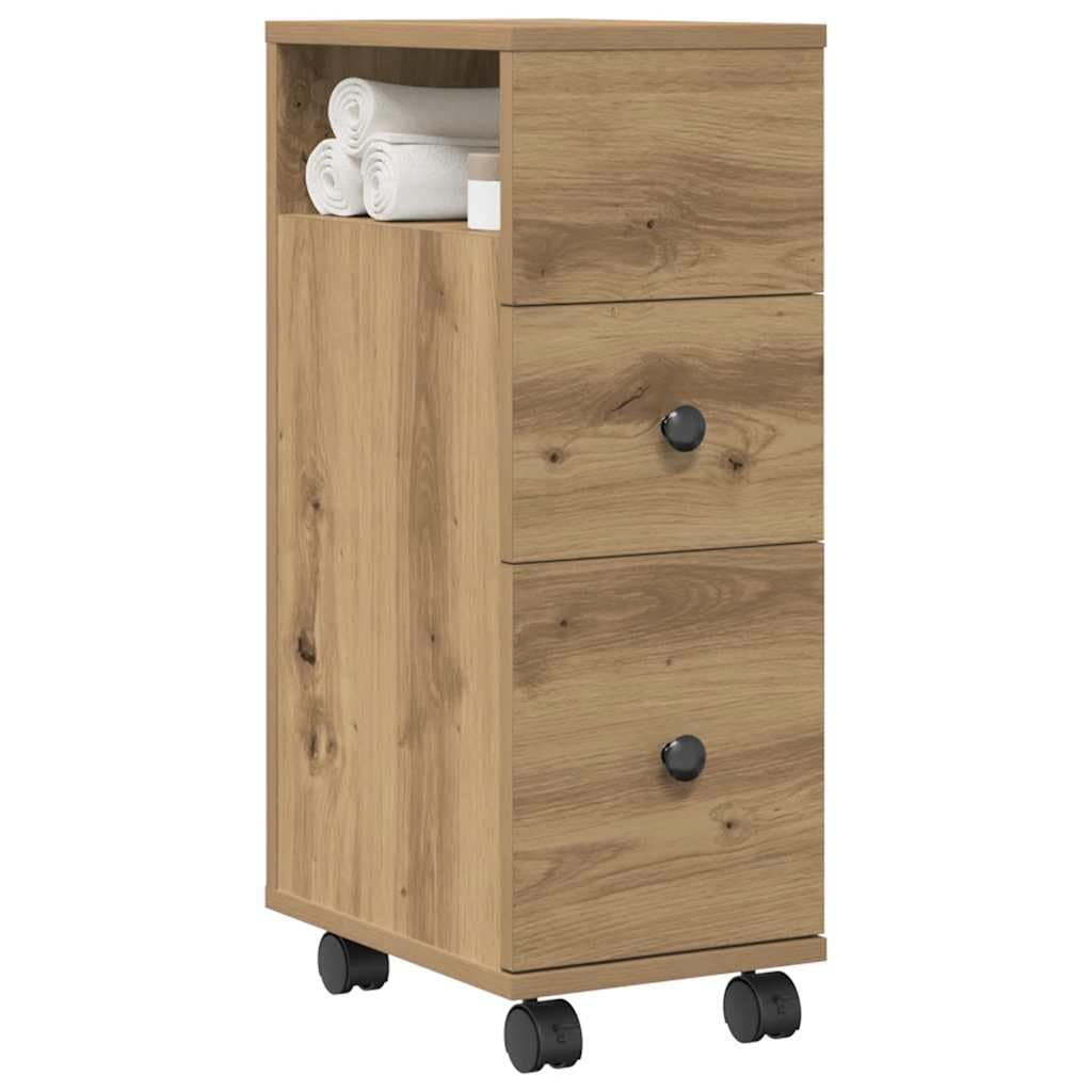 Mobile Bagno Stretto con Ruote Rovere Artigianale Truciolato 2 Cassetti
