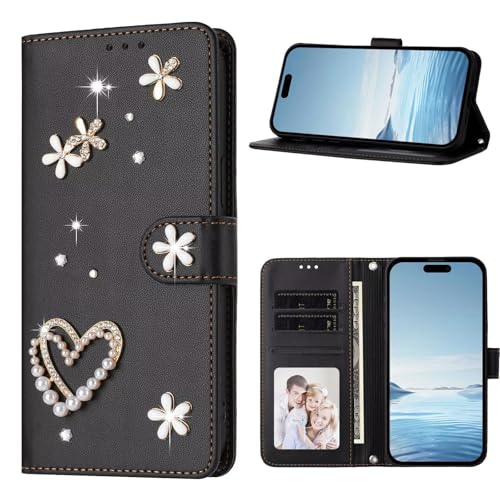 KRjcsfhy Funda para Motorola Moto G Play 4G 2024 Amor Diamante Rhinestones Bling Glitter Funda de piel con tapa Cover Silicona Funda protectora Soporte Carcasa Bumper Negro