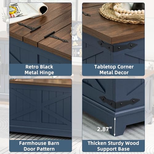 Farmhouse Coffee Table with Hidden Storage Organizer, Modern Square Large Center Table, Wood Farm House Low Navy Blue Living Room Tables with Hinged Lift Top for Home, Office