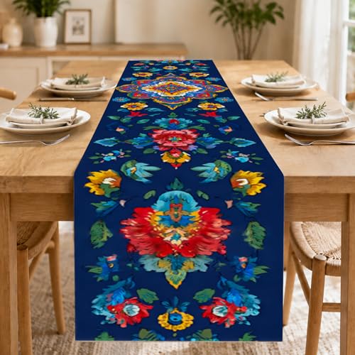 Image of Nuxovilar Floral Mandala Table Runner Flax 13x72 in | Holiday Runner Flax Placemats Dining Accessories Set Festive Gathering Boho Space Room (Colorful Mandala)