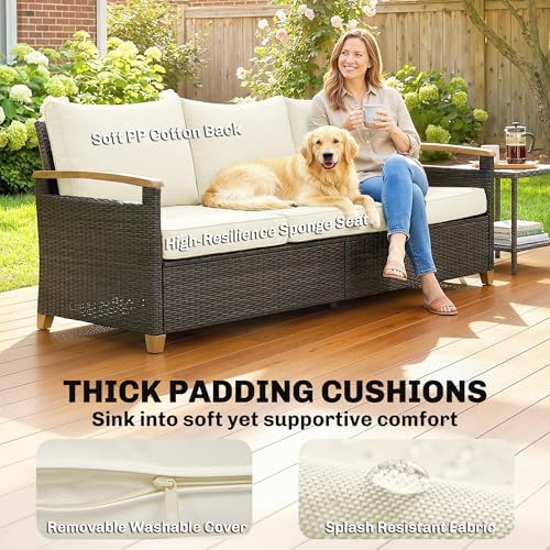 Outsunny 3 Seater Outdoor Couch Sofa, PE Wicker Patio Couch with Wide Deep Seat, 4" Cushions, Wood-Effect Armrests and Legs, Patio Furniture Couch for Garden, Backyard, Cream White - 3