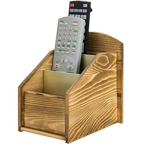 MyGift 3 Slot Rustic Burnt Wood and Vintage Brass Metal Remote Control Holder Caddy, Home Media Storage Organizer