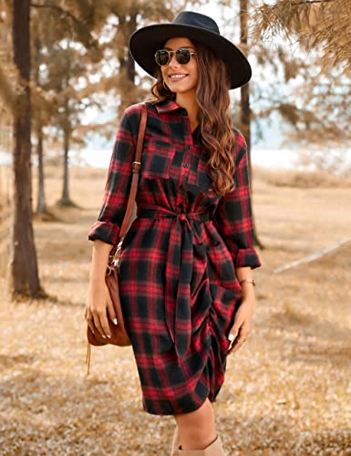 Blooming Jelly Womens Plaid Dresses Flannel Button Down Dress Work Casual Dresses Fall Long Sleeve Tunic Dress(X-Large,Red) #TOP1