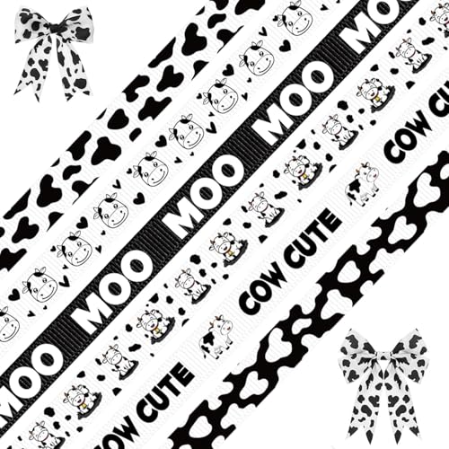 6 Roll Cow Print Ribbon 3/8 Inch x 5 Yard Black White Cow Spot Ribbon Gift Wrap Grosgrain Ribbons Animal Print Craft Ribbon for Farm Party Favor Christmas Wreath Bow DIY Craft Decor