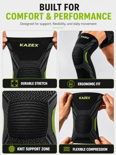 Image of Knee Support Brace by KAZEX for Men & Women | Compression Knee Sleeve for Arthritis Relief, Joint Protection & Recovery | Stretchable Anti-Slip Support for Running, Gym, Sports & Workout - (Black- Green)-S