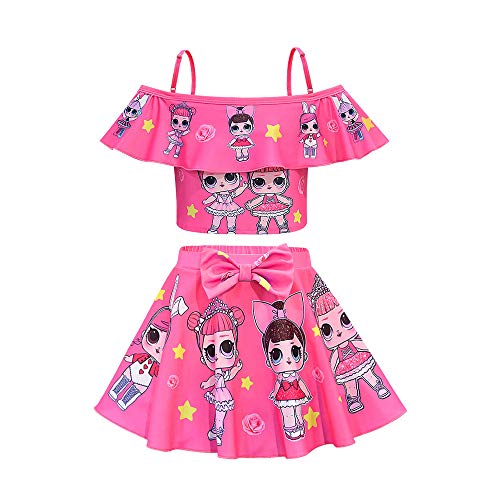 Rohero Toddler Baby Girls Swimsuits Two Piece Doll Print Ruffle Swimwear Bathing Suit for Doll Surprised Beach Tankinis (140cm/ 7-8Y, Star Rose)