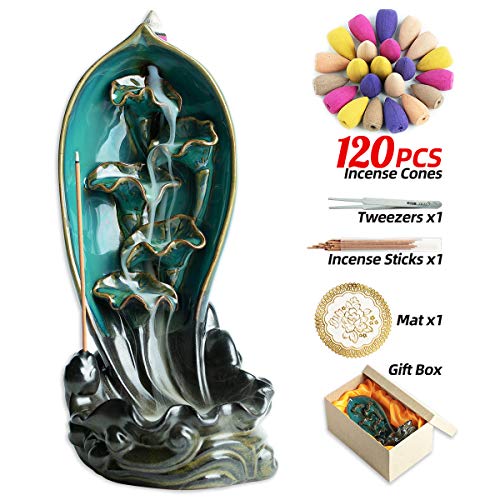 INONE Ceramic Backflow Incense Burner Waterfall Incense Holder, Free 120 pcs Incense Cones