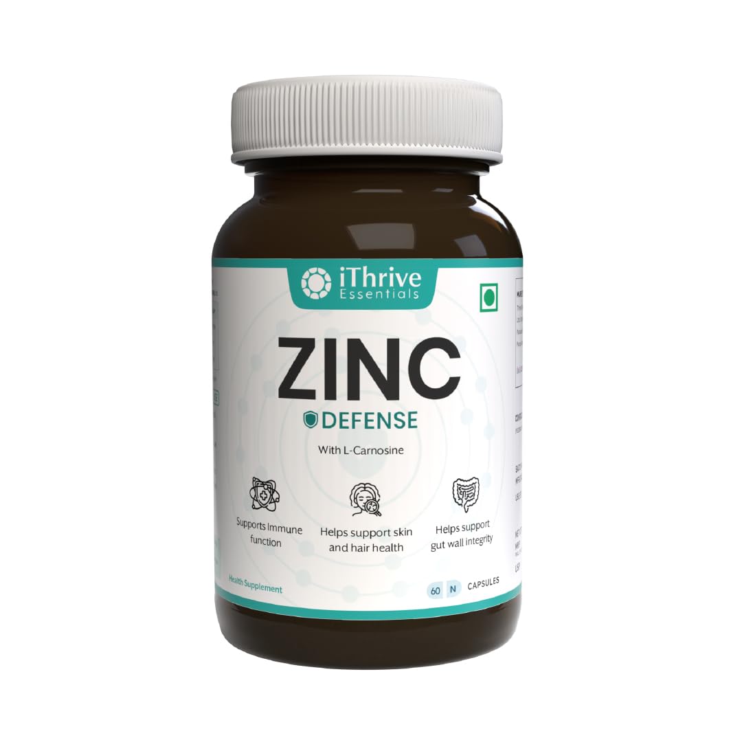 iThrive Essentials Zinc Defense - Immune and Neurotransmitter Support, Alleviates Diarrhea, Combats Acne and Hair Loss, Antioxidant Boost - 60 Capsules