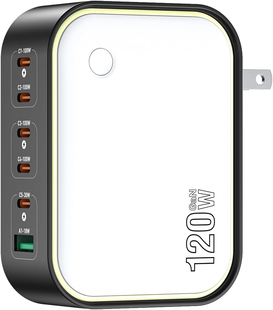 120W GaN USB C Charger, 6-Port Fast Charging Block with Night Light, PD 100W Wall Charger for MacBook Pro/Air, iPhone 17/16/15 Series, iPad, Laptop - Ultra-Compact Travel Charger for Home and Office