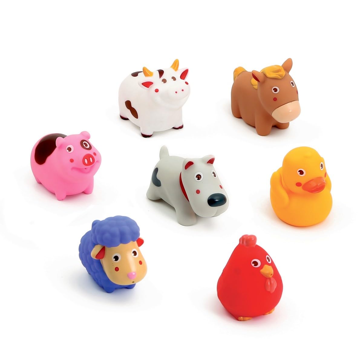 LUDI – Aspergadores de baño para bebé, 7 Animales de Granja flotantes – Juguetes Coloridos + función de rociador – Seguro y Resistente – Tarro de Almacenamiento Incluido – 100% PVC, sin ftalatos – a