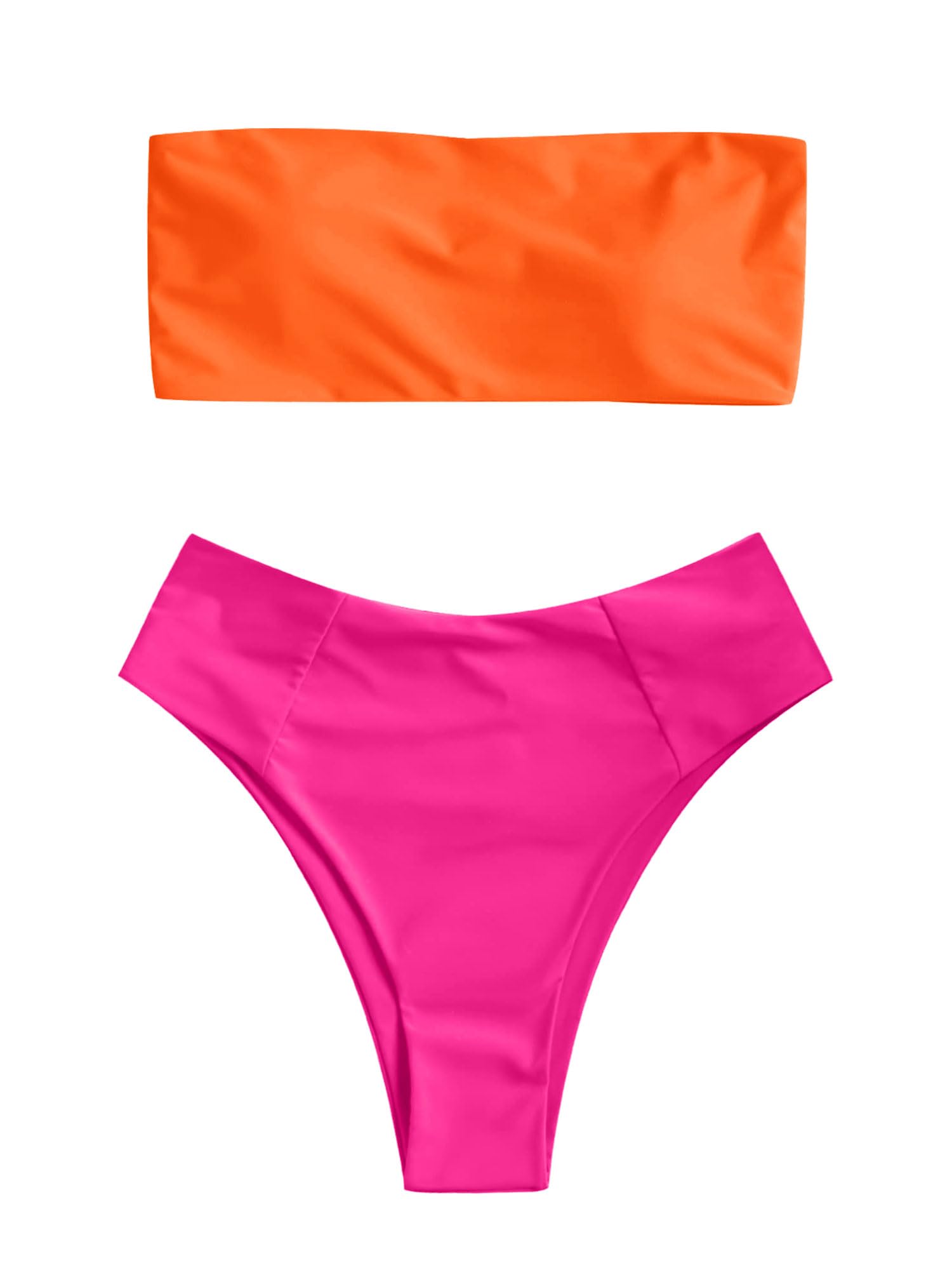 ZAFUL Women's High Cut Bandeau Bikini Set Strapless 2 Pieces Bathing Suit | Solid Color Swimsuit High-waisted Bikini Set