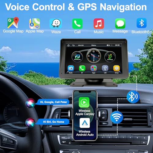 Hersance Écran de voiture Android Carplay sans fil 7 pouces avec navigation en direct et musique Bluetooth