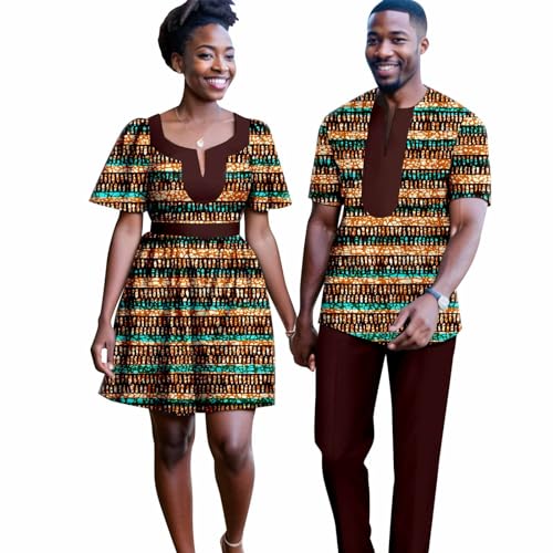 Africa Couples Men's Short Sleeve Top Pants Women's Patchwork Dress Ankara Printed Fabric Chest Split Neckline