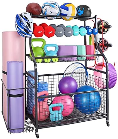 Kanmart Dumbbell Rack, Weight Rack for Dumbbells, Home Gym Storage Organizer for Dumbbell, Kettlebells, Yoga Mat, All in One 4 Tier Weight Stand with Lockable Wheels and Hooks